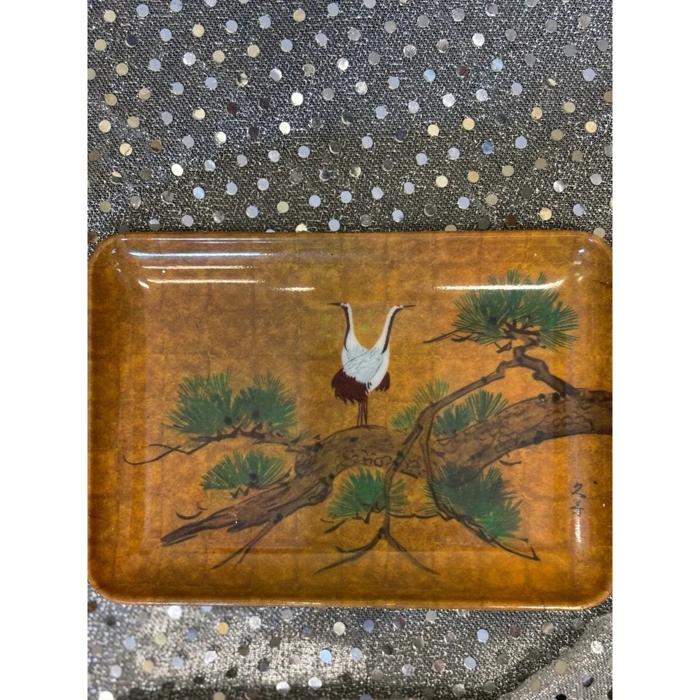 Vintage RDS Import Japanese Crane Lotus Melamine Trinket Trays Set of 2 Brown